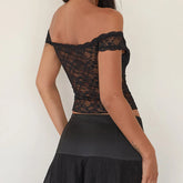 BXOXO Elegant Women's Off Shoulder Lace Corset Crop Tops Black Short Sleeve Solid Color Slim Fit Bustier Tops Vintage Shirts